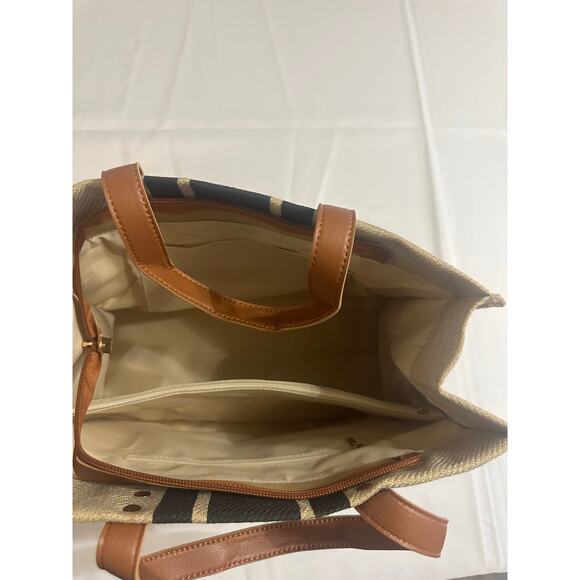 Neutral Woven Tote with Black Stripe & Faux Leather Handles - Picture 6 of 7
